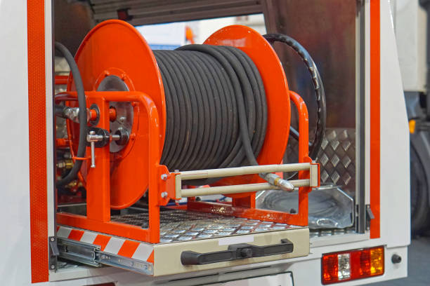 high pressure fire hose reel at truck engine